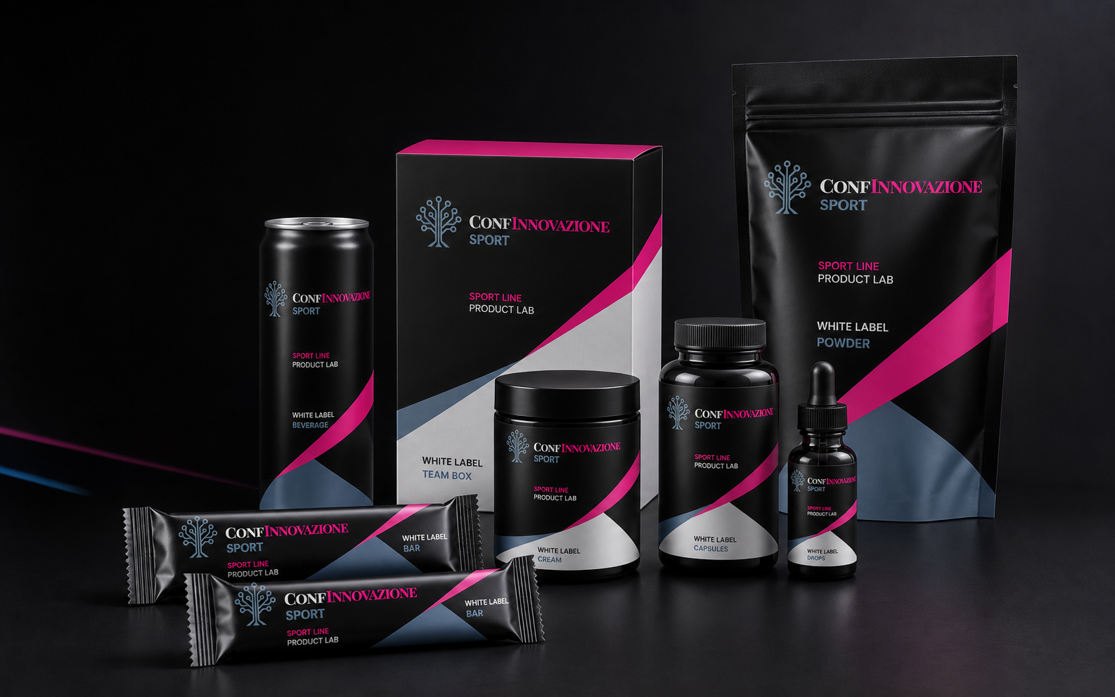 Mockup professionale di lattina, box, pouch, barrette e prodotti white label brandizzati ConfInnovazione Sport